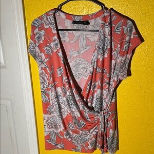 Tahari Coral and Gray Floral Wrap Blouse